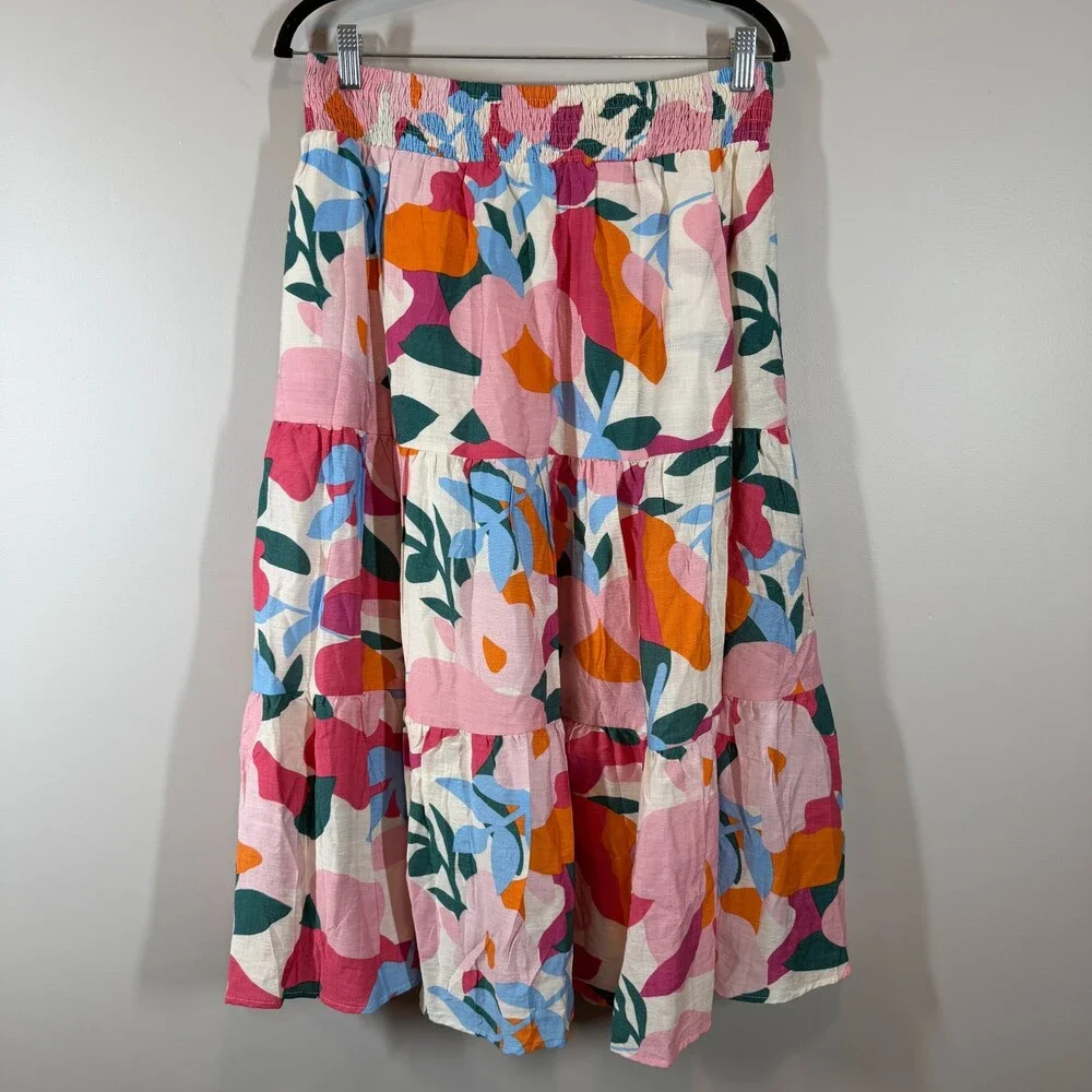 BTFBM Womens Tiered‎ Maxi Skirt Abstract Floral Smocked Waist Pockets Size Large